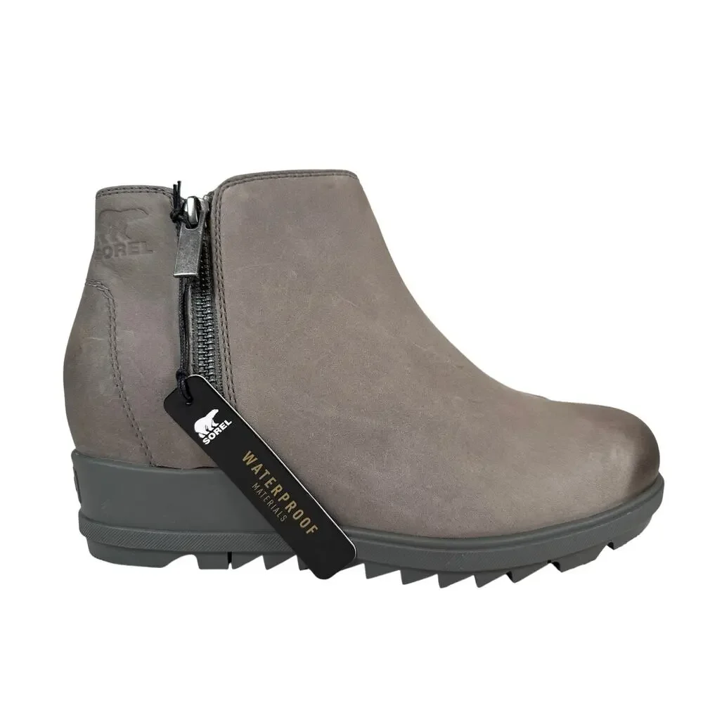 Sorel Evie Zip Bootie‎ Wedge Womens 8 Waterproof Grey Leather Quarry Sea Salt